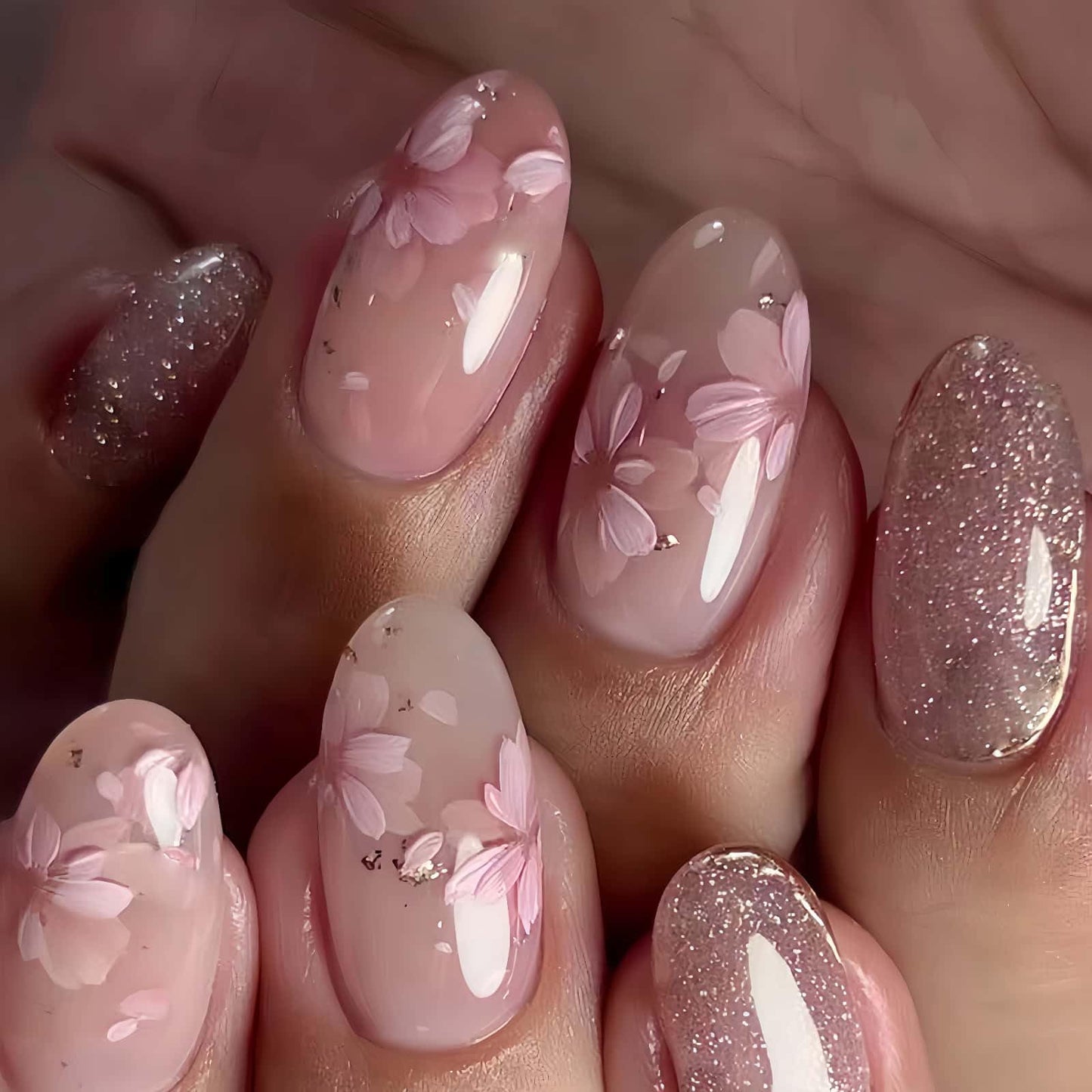 Summer Style Press on Nails Medium Almond Fake Nails Pink with Flower Designs Full Cover Glue on Nails Reusable Artificial Stick on Nails for Women 24 Pcs