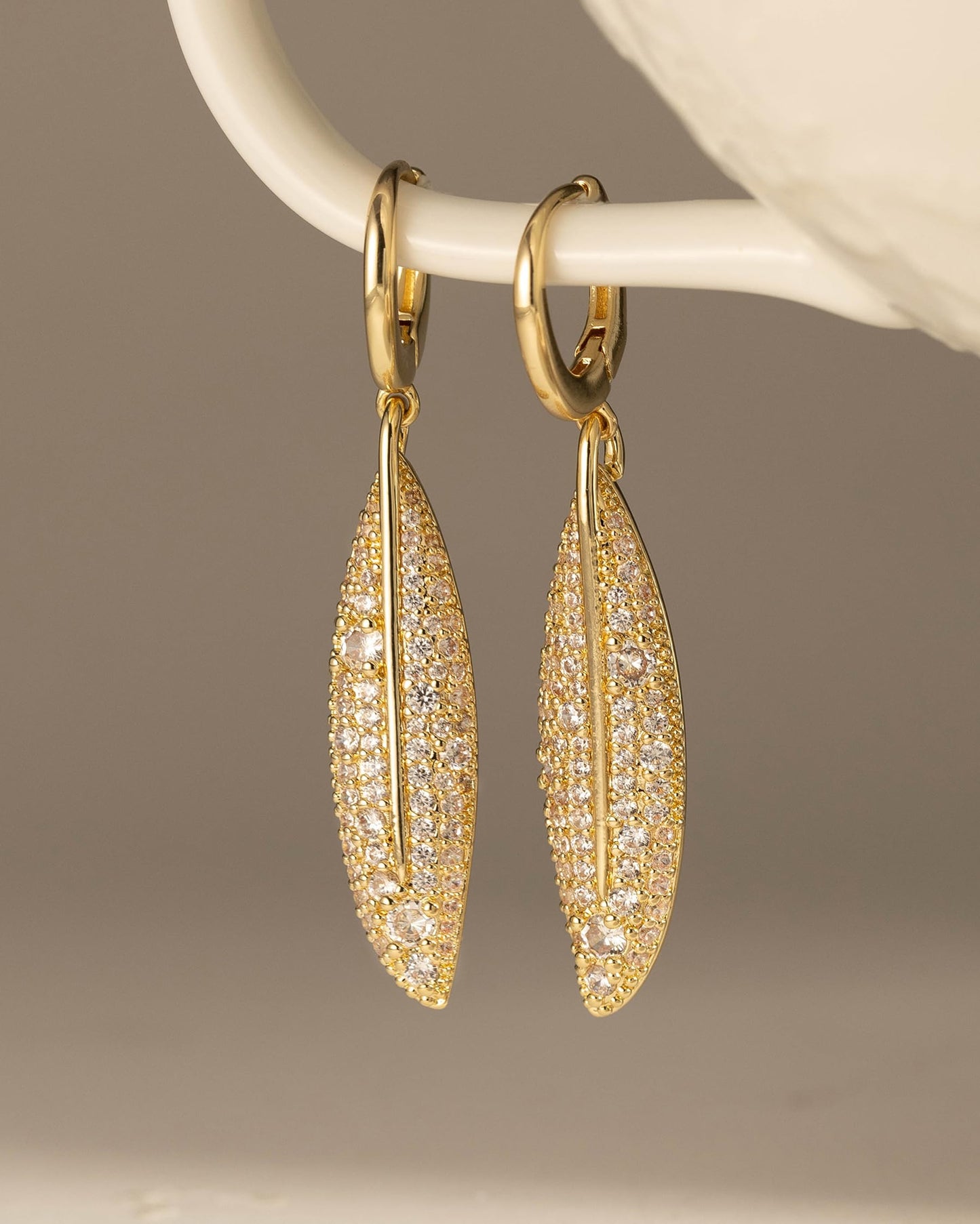Asdecy Leaf Huggie Hoops Earrings for Women 14K Gold Plated Drop Dangle Cubic Zirconia Elegant Prom Bridal Bridesmaid Wedding Anniversary Dangling Jewelry