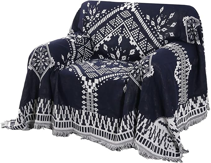 H.VERSAILTEX Reversible Sofa Cover Couch Cover for Dog Sofa Slipcover for Most Shape Sofa Furniture Protector with Tassels Sectional Couch Cover (Medium: 71" x 91", Navy/White)