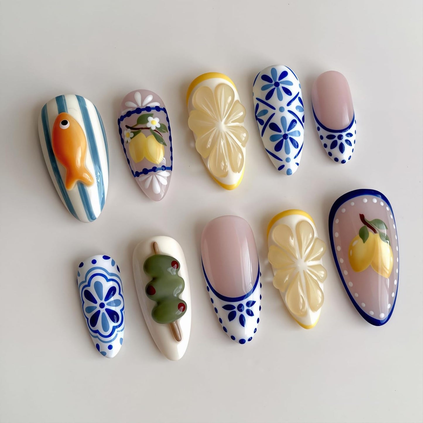 octoswave Long Almond Press on Nails with 3D Fruit & Fish Art - Acrylic Fake Nails for Women, Perfect for Summer Vacations, Parties & Beach Outings - 30Pcs