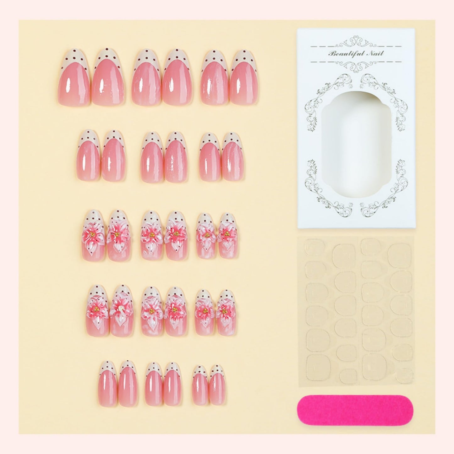 Medium Press on Nails Almond Fake Nails Pink Acrylic Nail Press Ons Seeneey 3D Floral Designs Leopard Stick on Nail for Women 24pcs