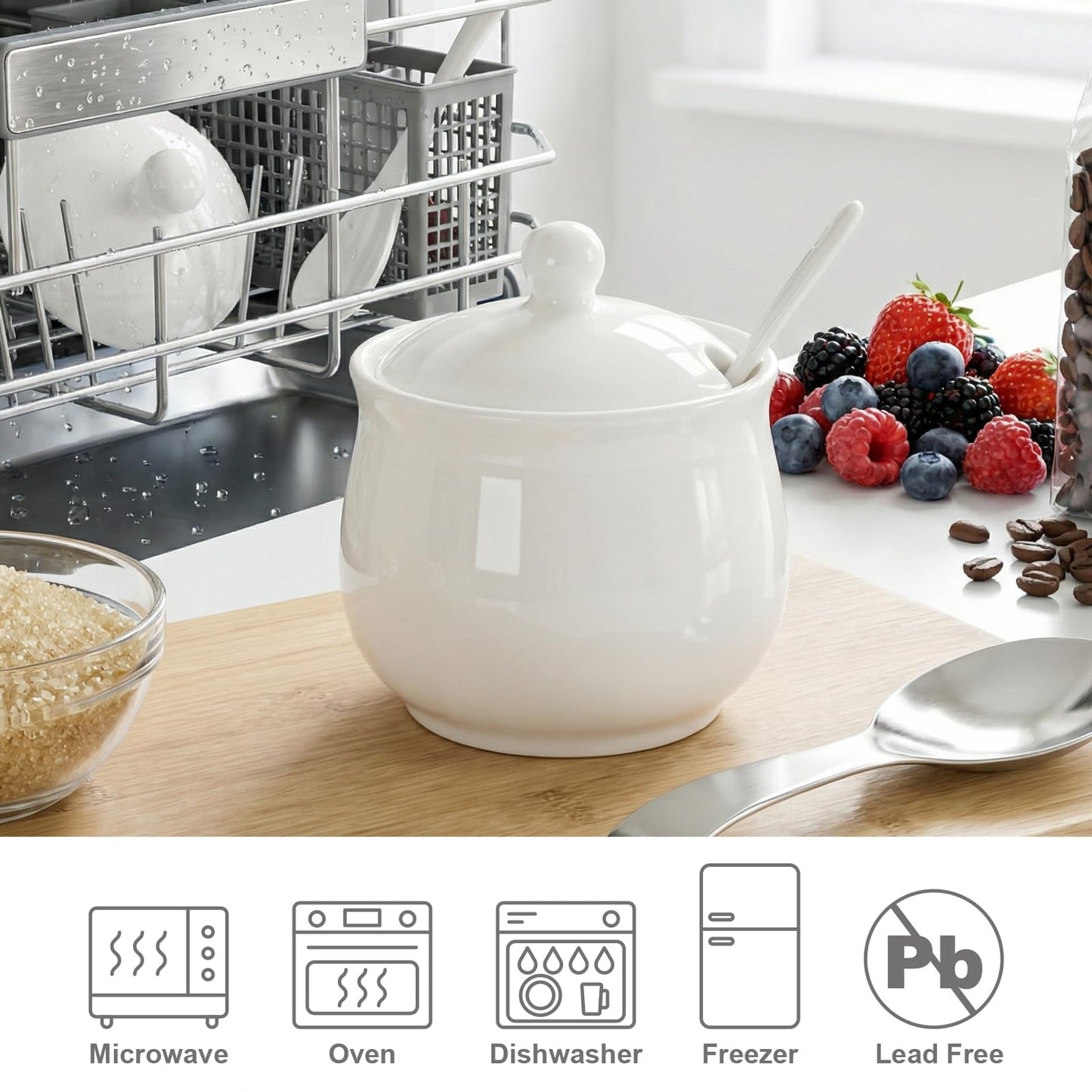 JOYLULU Sugar Bowl with Lid and Spoon, Elegant Ceramic Container for Salt, Pepper, Spices and Sugar, Easy to Clean, Ideal for Coffee Bar, Kitchen Counter & Dining Table, 7 Oz White Porcelain Jar