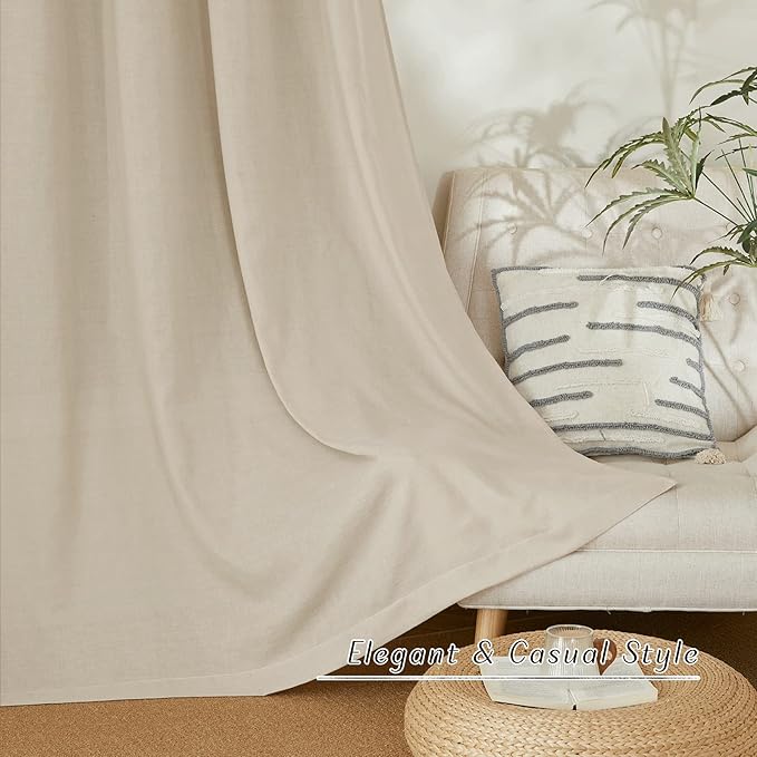 NICETOWN Linen Flax Semi Sheer Curtains 92" Length, Grommet Window Treatments Privacy Added with Light Penetration Vertical Drapes for Loft/Home Office, Angora, W55 x L92, 2 Panels
