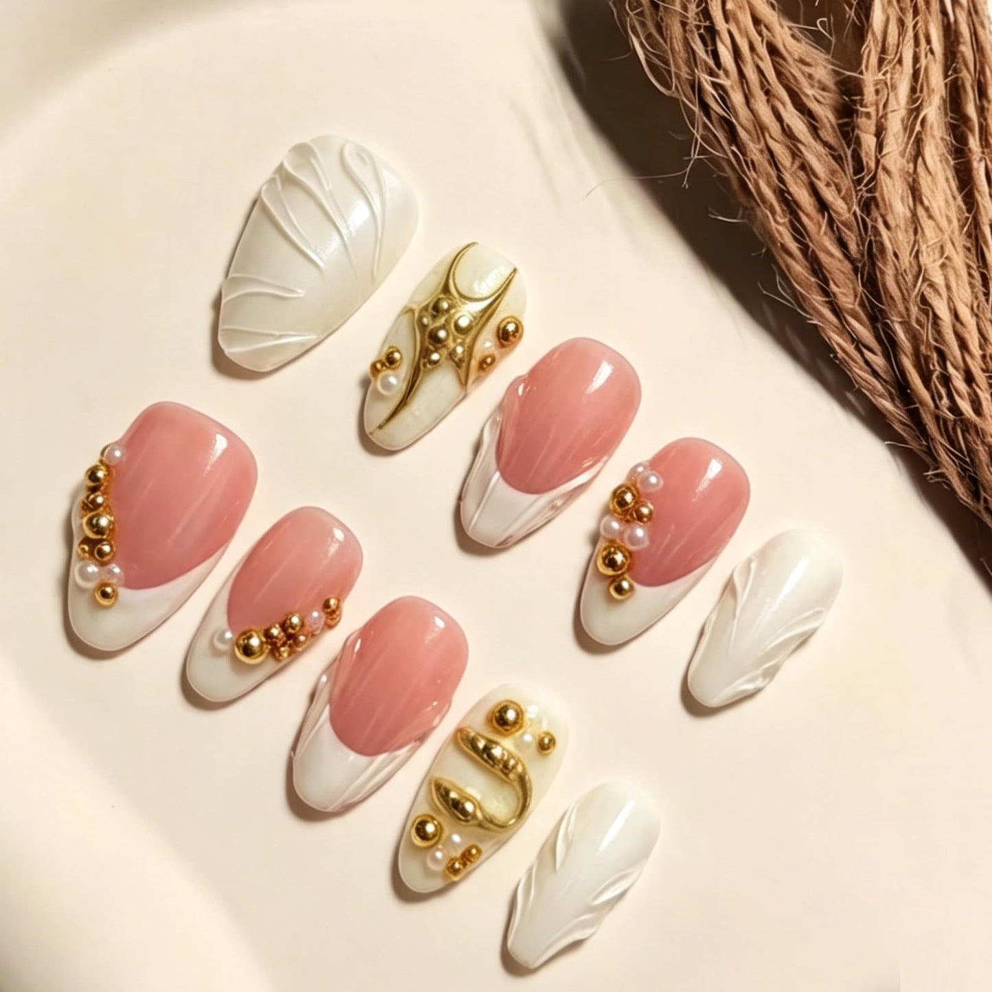 Handmade Press on Nails Medium Almond,French Tip Metal Pearl Bead Luxury Date Style for Women 10 Pcs(Size M)