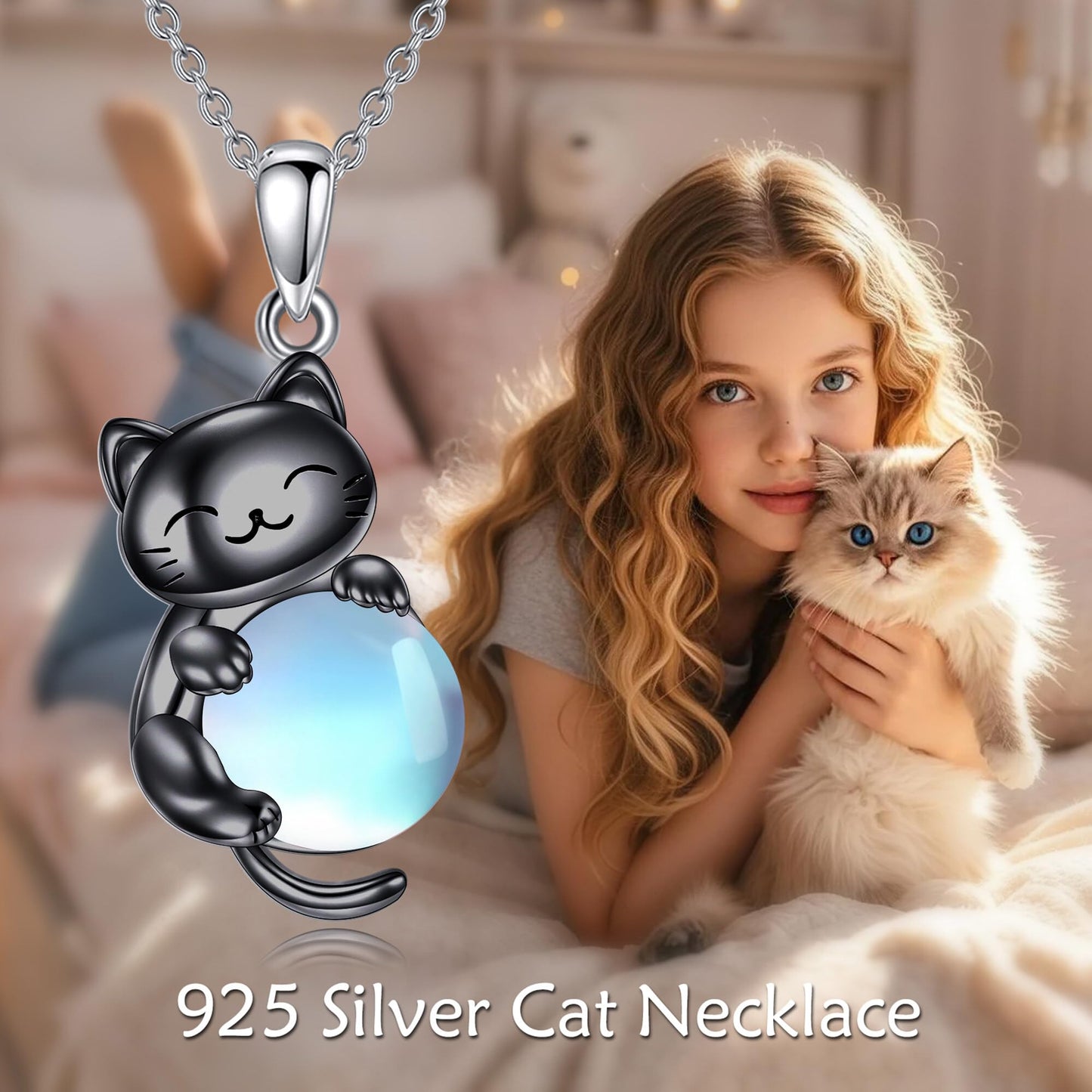 YAFEINI Cat Necklace 925 Sterling Silver Moonstone/Rose Quartz Pendant Jewelry for Women Cat Lovers (Moonstone)