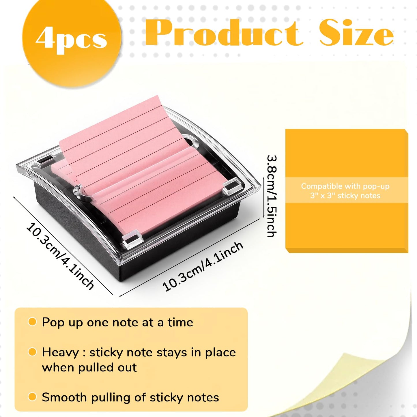 SHENLIU 4 Pcs Pop Up Sticky Note Dispenser Sticky Note Holder Pop Up Notes Dispenser Transparent Top for 3 x 3 Inch Sticky Notes School Office Home Store Black Base Clear Top