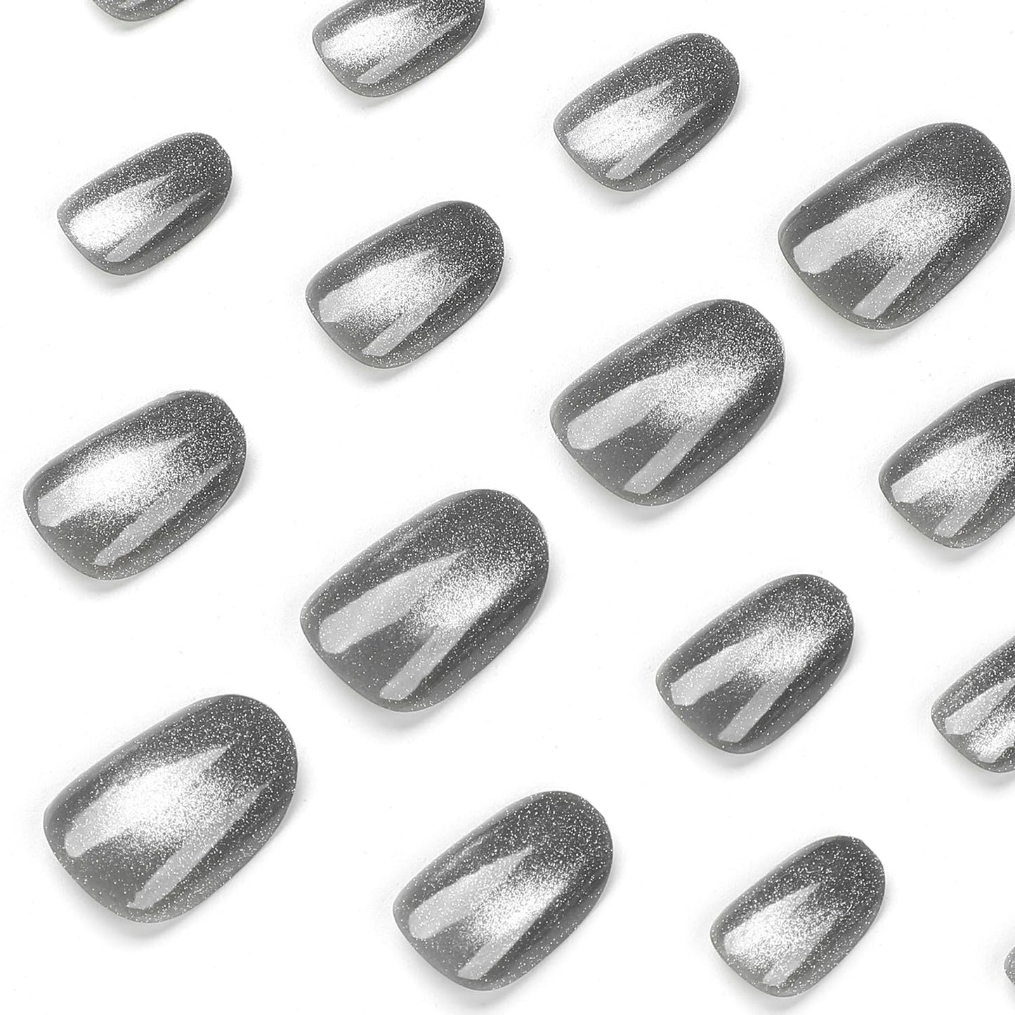 24Pcs Glitter Press On Nails Short Square Grey Fake Nails Press Ons With Glitter Design False Nails Glossy Reusable Stick On Nails Full Cover Grey Acrylic Glue On Nails For Women Nail Decor