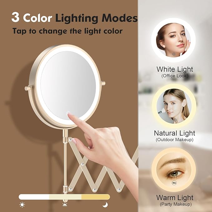 Rechargeable Wall Mounted Makeup Mirror - 8 Inch Double Sided 1X/10X Magnifying Mirror with 3 Color Lights Dimmable Touch Screen, 360°Swivel 19.6 Inch Extendable Accordion Bathroom Mirror - Nickel