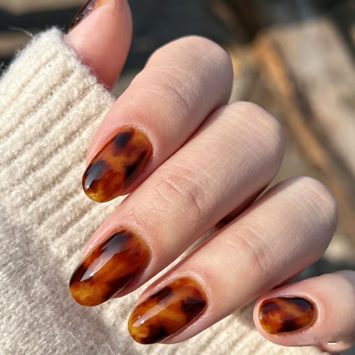Caramel Leopard Print Short Oval Press On Nails - 24Pcs 12 sizes Soft Gel Fake Nails with Glue, Autumn Winter Tortoiseshell False Nails Reusable for Women Daily Office Party