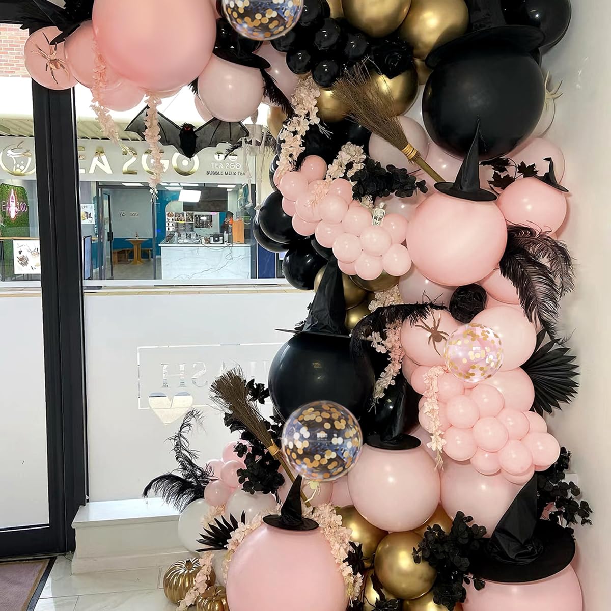MEBAY Black Pink and Gold Balloon Garland Arch Kit, 156 Pastel Pink Matte Black Metallic Gold Balloons for Women Girls Party Birthday Wedding Bridal Shower Bachelorette Anniversary Graduations