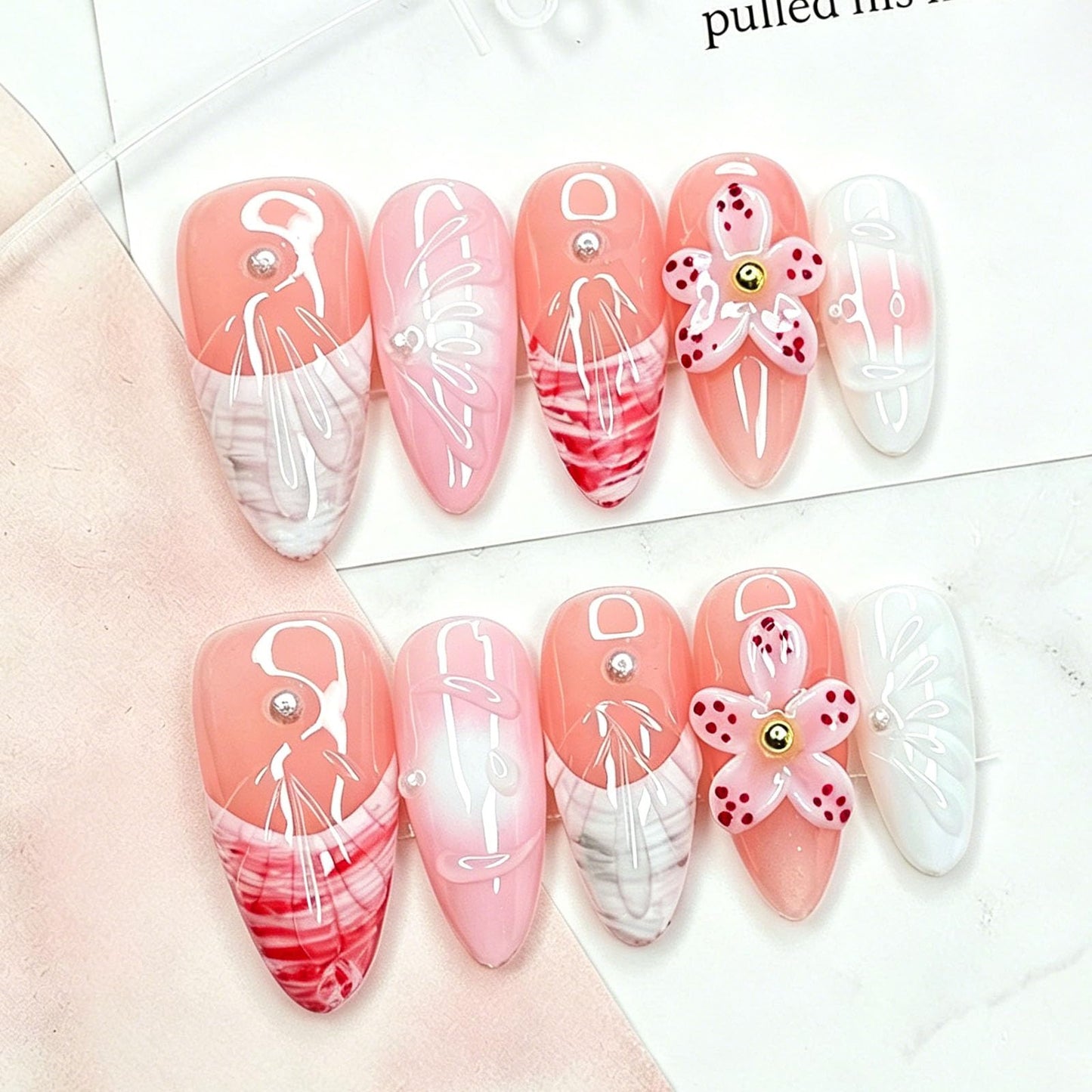 10 Pcs Handmade Press on Nails Medium Almond Fake Nails with 3D Flower French Tip Design White Acrylic False Nails Medium Almond Press Ons Nails M Size for Women Summer Manicure