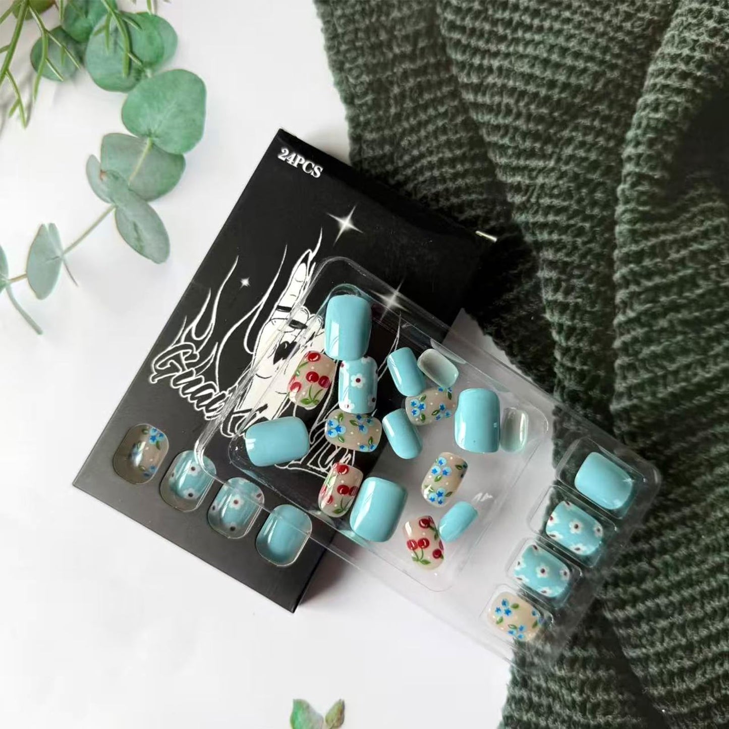 Spring Summer Press on Nails Short Square Fake Nails with Cherry Blueberry Designs Glossy Blue Press on False Nails Cute Flower Glue on Nail Fruit Floral Stick on Nail for Women 24Pcs