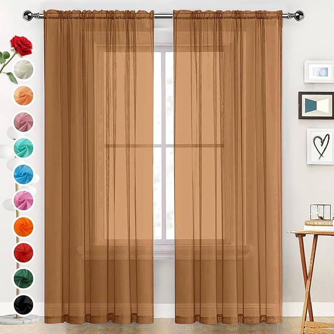 SpaceDresser Basic Rod Pocket Sheer Voile Window Curtain Panels Light Brown 1 Pair 2 Panels 52 Width 90 Inch Long for Kitchen Bedroom Children Living Room Yard（Light Brown, 52W x 90L）