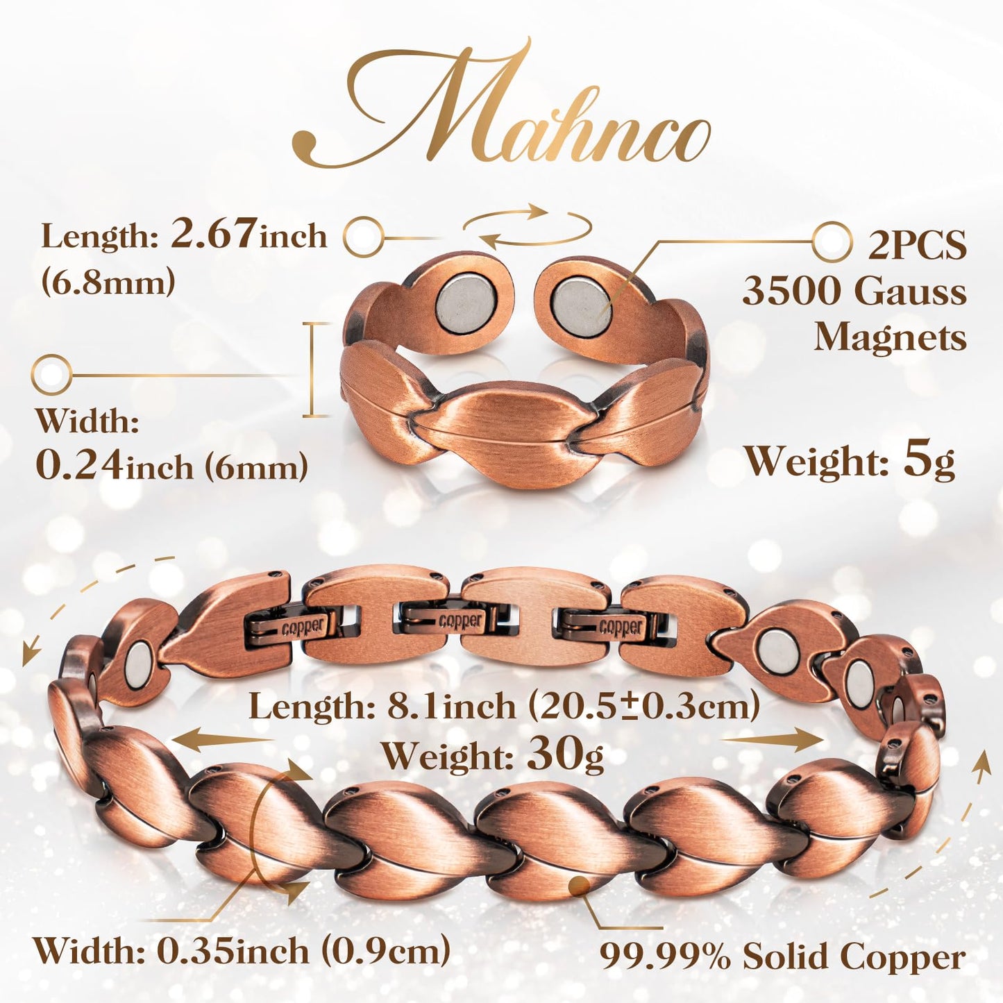 Copper Bracelets for Women Lymph Detox Magnetic Bracelets, 100% Solid Pure Copper Bracelet with 3500 Gauss Magnets & Lymphatic Drainage Ring with Adjustment Tool