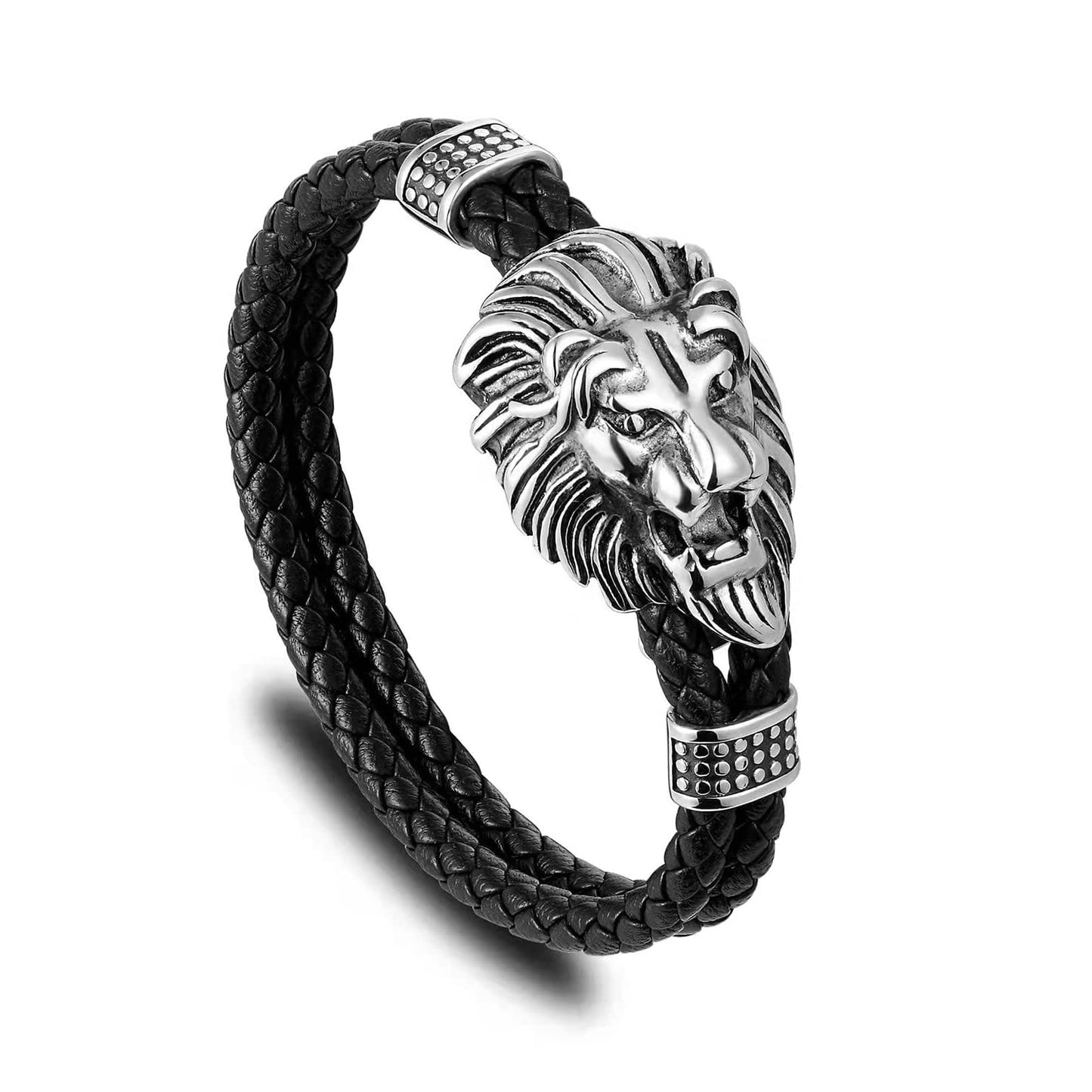 BIYONGDE Mens Black braided leather Bangle Bracelet, Vintage Stainless Steel Roaring Lion Head, Two-row