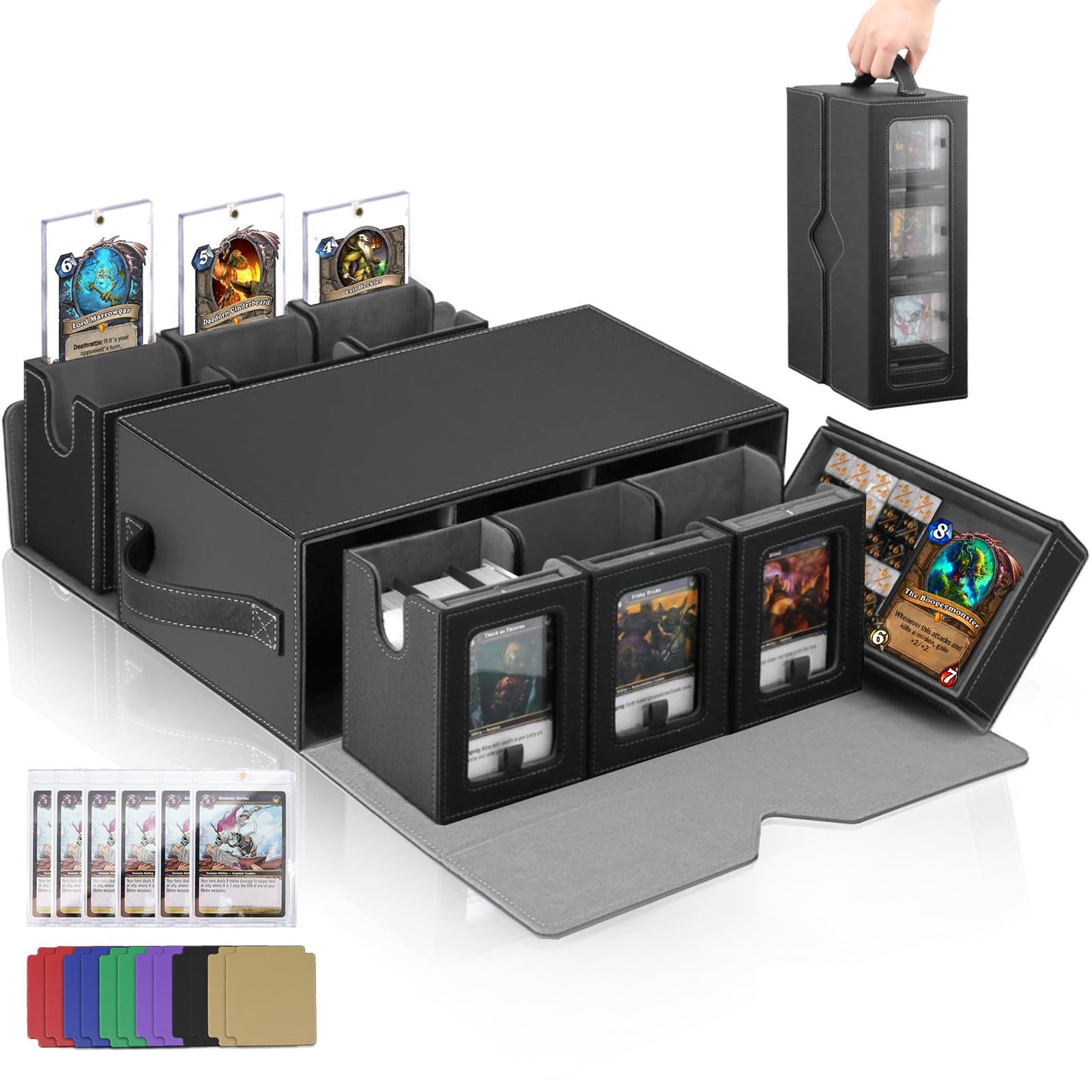FJZLIFE MTG Commander Deck Box,6-Deck Modular Card Case with Dice Tray,Holds 600+ Double-Sleeved Cards,35PT Magnetic Card Holders,Removable Trading Card Storage Box for TCG&EDH,Black-Grey