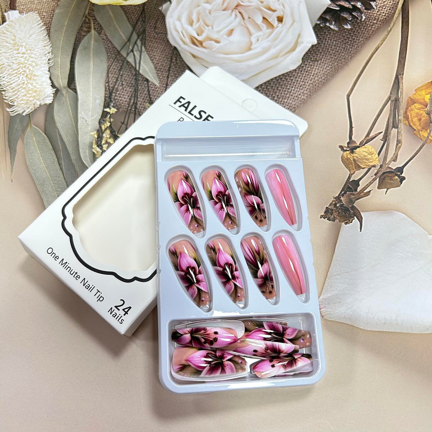 Flower Press on Nails Medium Length Pink French False Nails Lily Floral Design False Nails Full Cover Glossy Acrylic Nails Ballet Shaped Artificial Stick on Nails Reusable Glue on Nails for Women