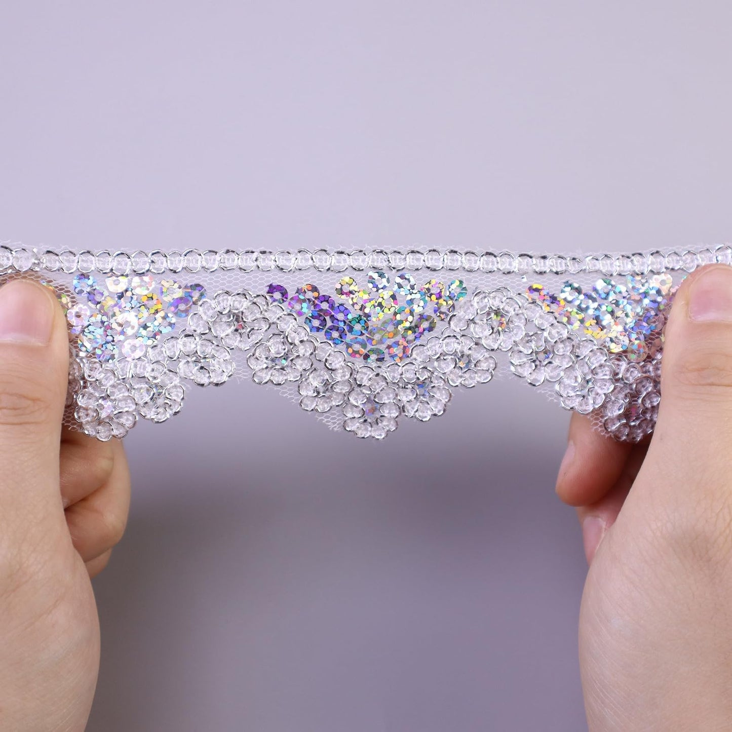 Silvery Lace Trim 5 Yards Beaded Lace Ribbon Applique Sequin Lace Mesh Trim for Sewing Crafts 1.6inch