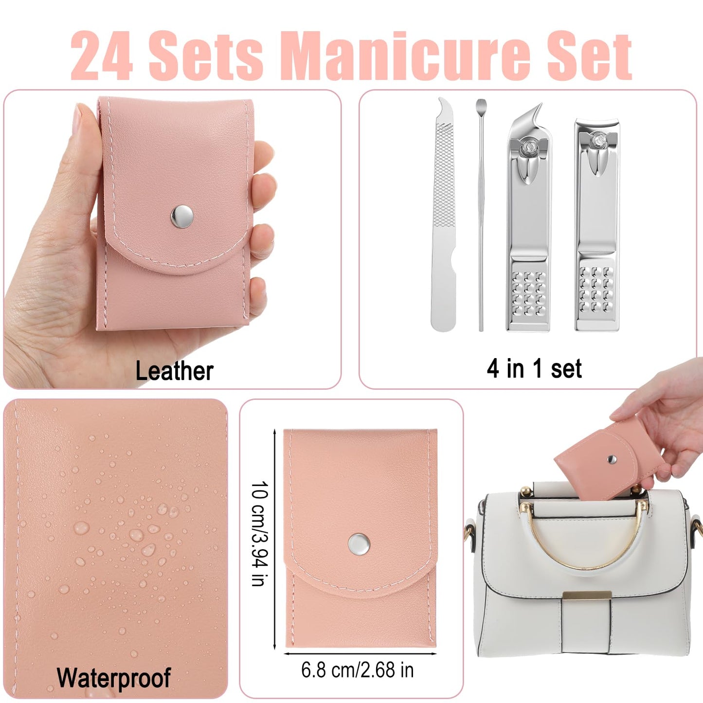 24 Sets Manicure Set Bulk, Pink Nail Clippers Kit Stainless Steel Fingernail Clippers Set, Sturdy Nail Tip Cutter Trimmers Professional Grooming Toenail Clipper Personal Pedicure Kits Gift (4 in 1)