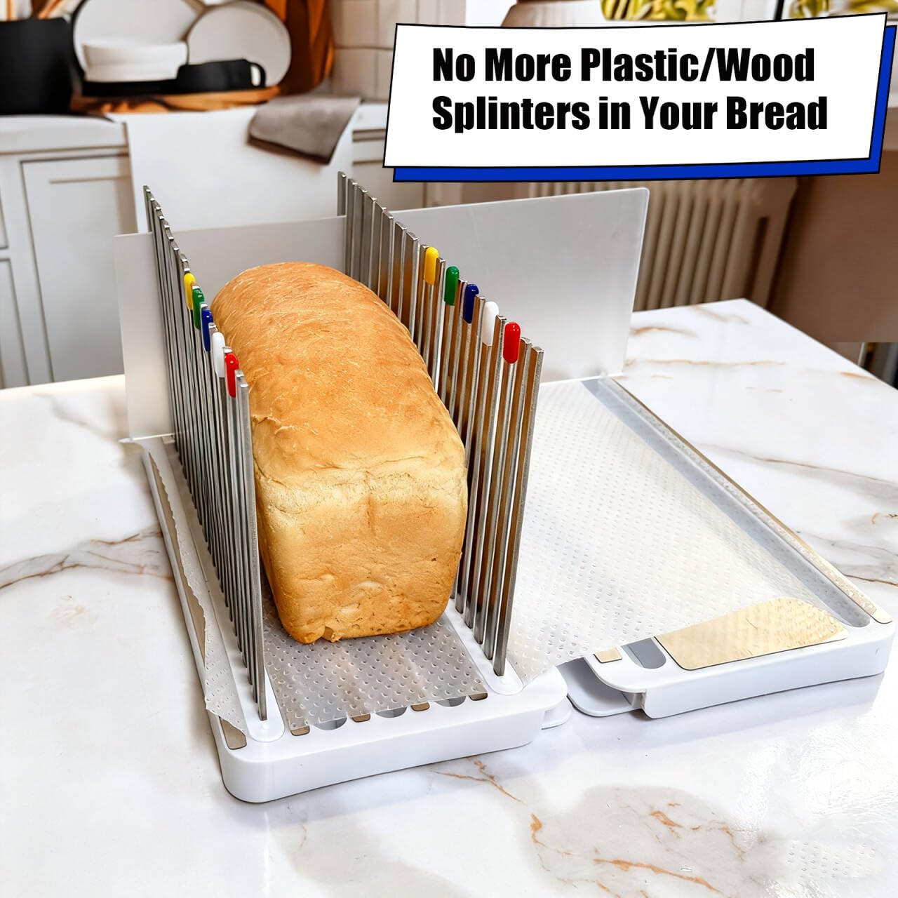 Stainless Steel Bread Slicer for Homemade Bread, Bread Slicing Guide with 20 Liners, 2 Thickness Cutting Guide with Crumb Tray, Bread Loaf Cutter Adjustable Width, for Sourdough, Meats, Deli