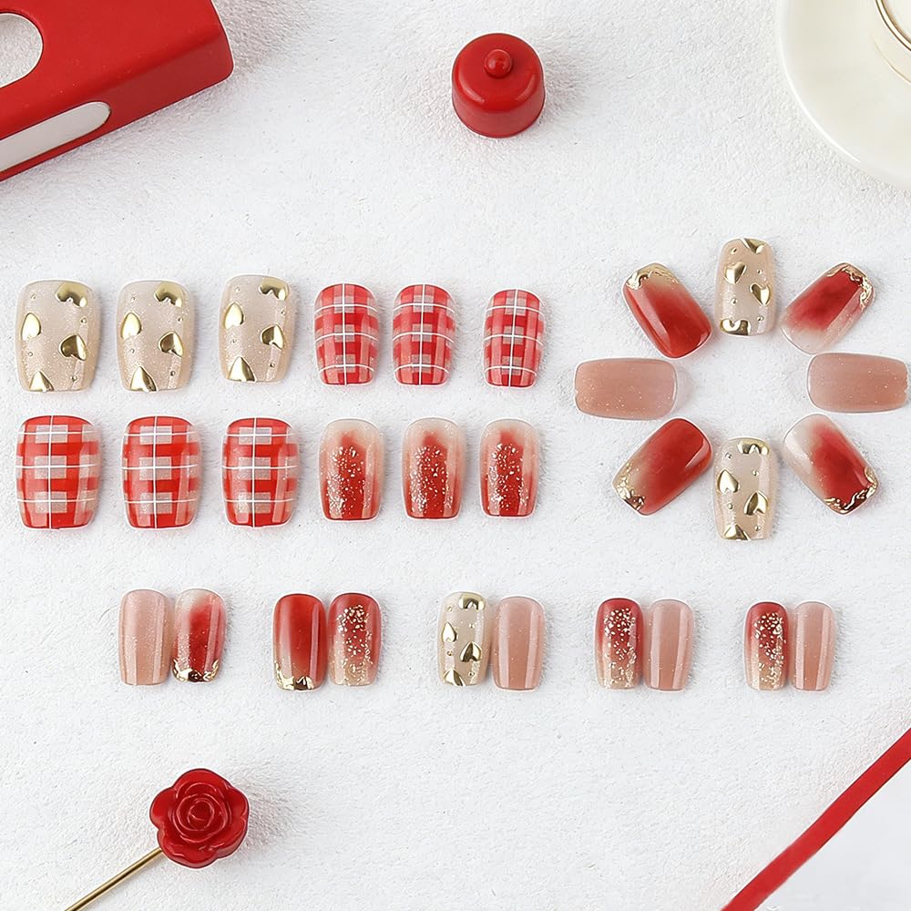 plalely Square Press on Nails Short Red Stripes Fake Nail Cute Embossed Heart Acrylic Nail Press ons Sparkly Glitter Stick on Nail for Women 24pcs