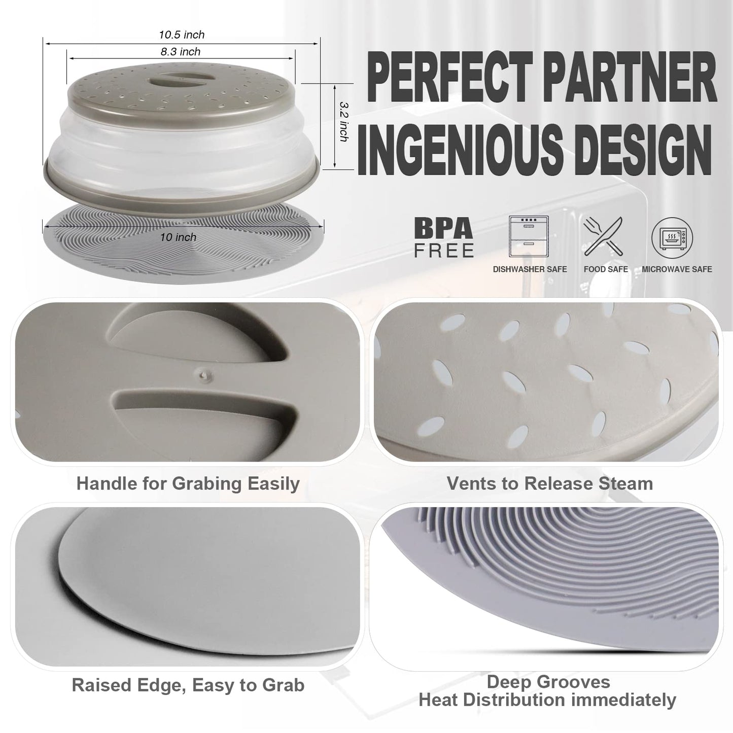 2 in 1, Aidacom Microwave Splatter Cover for Food & Silicone Microwave Mat, Mat as Bowl Holder, Trivet, Pot Holders, Drying, Baking, Utensils Rest for Kitchen Counter, Dishwasher Safe, Grey