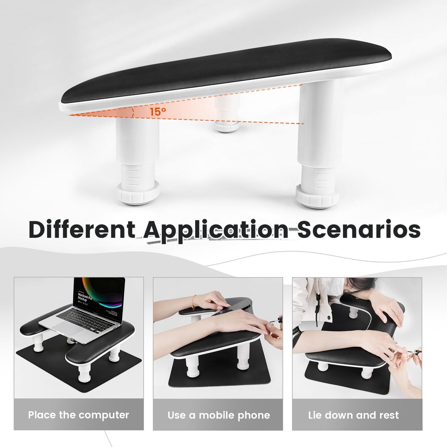 JODSONE U-Shaped Black Manicure Arm Rest for Nails Tech with Rotating 360°Built-In Phone Holder and Adjustable Nail Arm Rest Detachable Manicure Hand Rest for Salon Design (Includes Black Nail Mat)