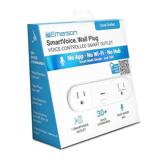 Emerson SmartVoice 4-in-1 Wall Plug, Offline 30+ Voice Control Commands, No APP, No WiFi, No Setup, Smart Outlet w/ 2 AC Outlets, 2 USB-A Ports, Sleep & Wake Timer, ETL Listed