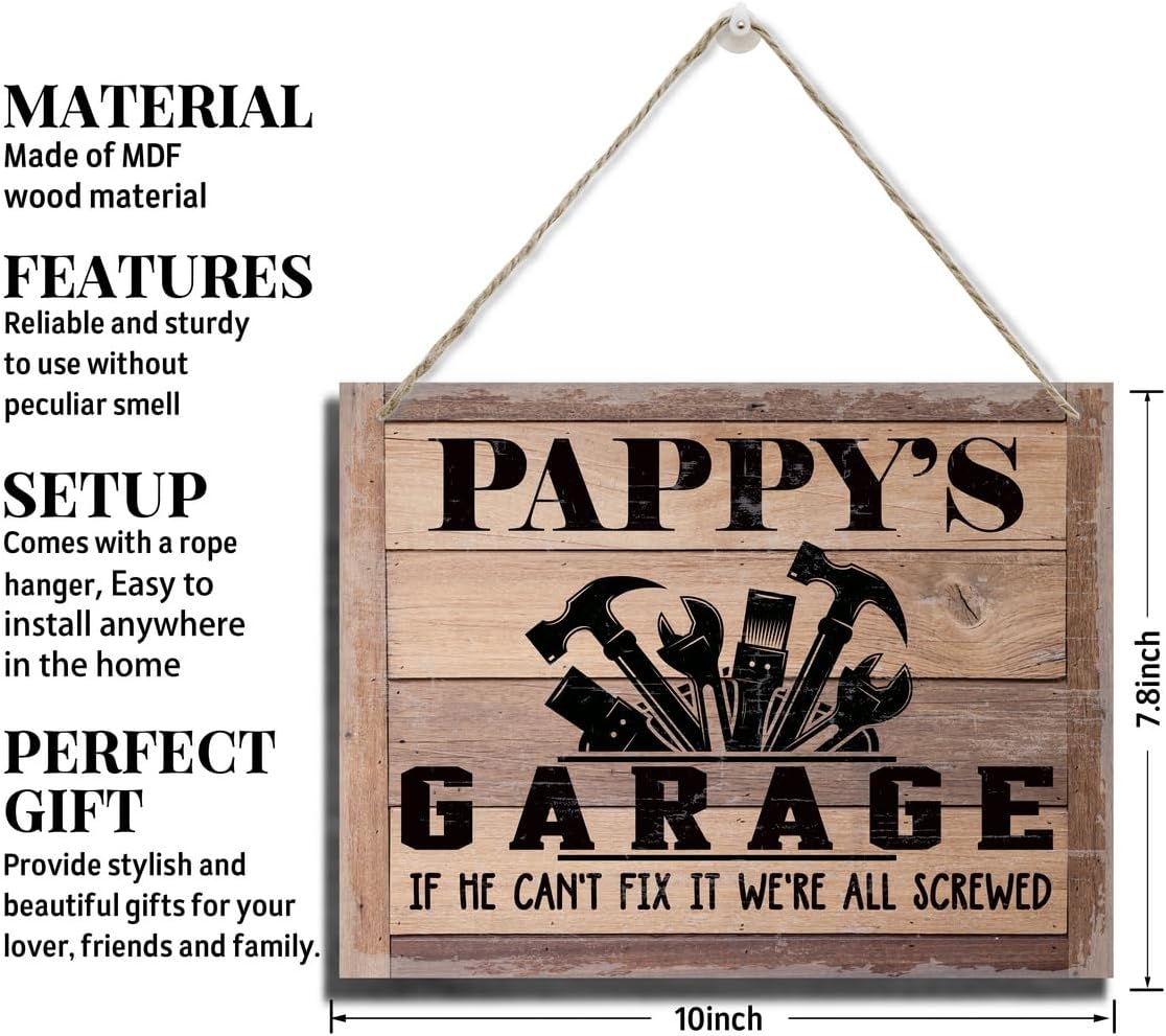 Rustic Sign, Father's Day Gift, Dad's Gift, Grandpa's Gift, Decor Hanging Wood Signs, Printed Wood Wall Art Sign, Pappy's Garage, If He Can't Fix It We're All Screwed, Vintage Sign Gift for Grandpa