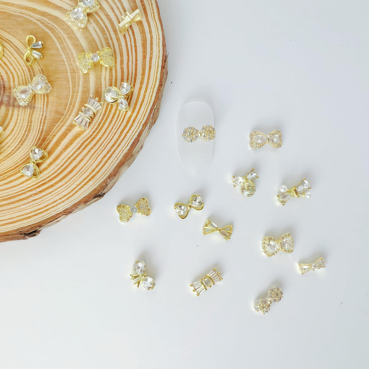 Pizadix 24 Pcs 3D Luxury Gold Nail Charms and Gems with Bows for Nail Art Decoration