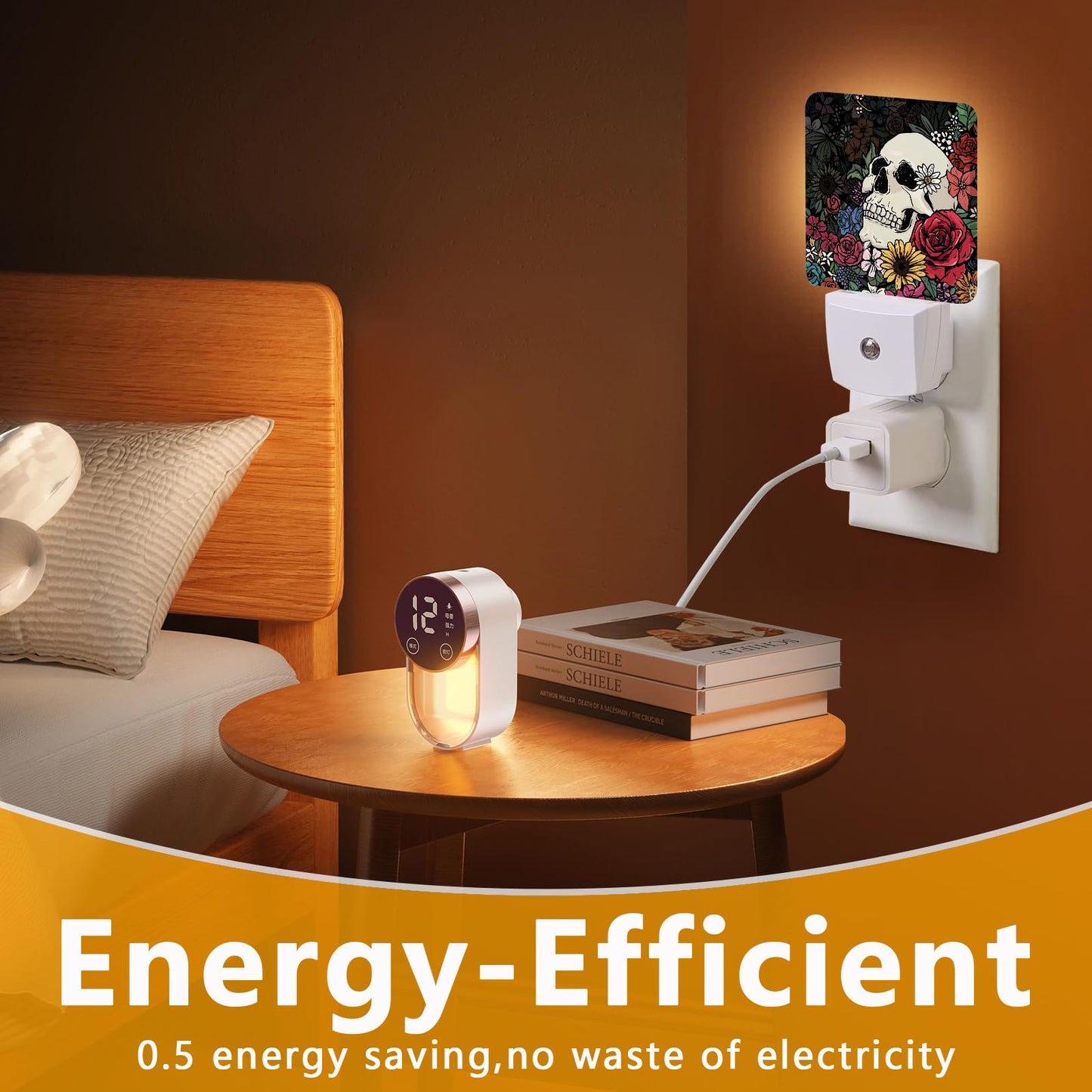 GANTINIR Halloween Skull Night Light, Plug-into Skeleton Flower Floral Nightlight White LED Lamp, Energy Efficient Decor Desk Lamp for Bedroom Hallway Stairs Bathroom