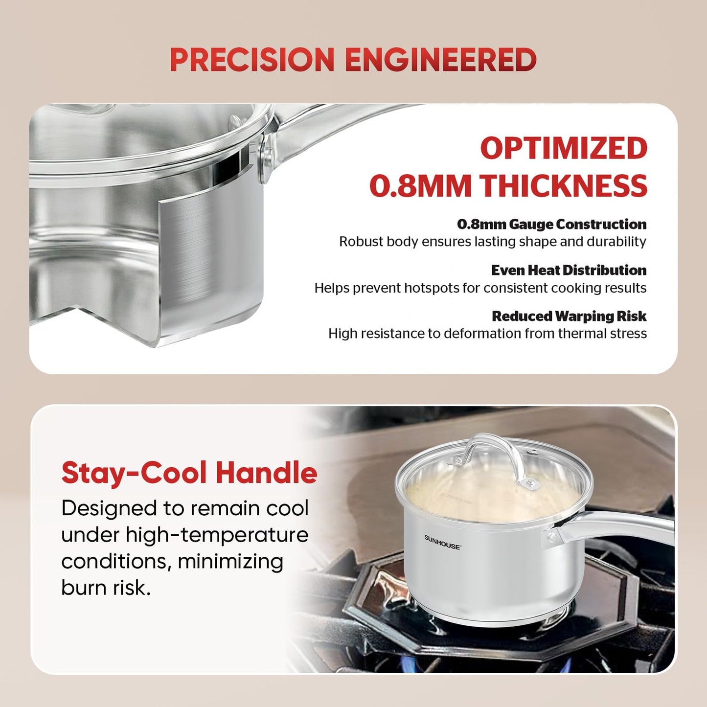 SUNHOUSE – 3 Quarts Stainless Steel Sauce Pan with Lid - PFOA-Free, Stainless Steel Sauce Pan, Advanced Impact Bonding Induction Base, Stay-Cool Handle, Compatible with All Cooktops