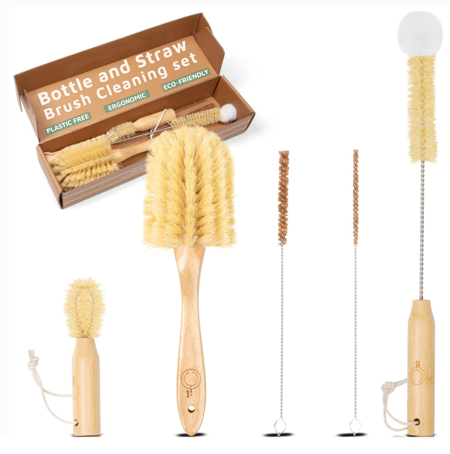 Bottle Brush Set - Ergonomic & Plastic Free Bamboo Bottle Brush, All in One Bottle And Straw Brush Cleaning Set, Sturdy Eco Friendly Water Bottle Cleaner Brush Set, Great Baby Bottle Cleaner Brush Set
