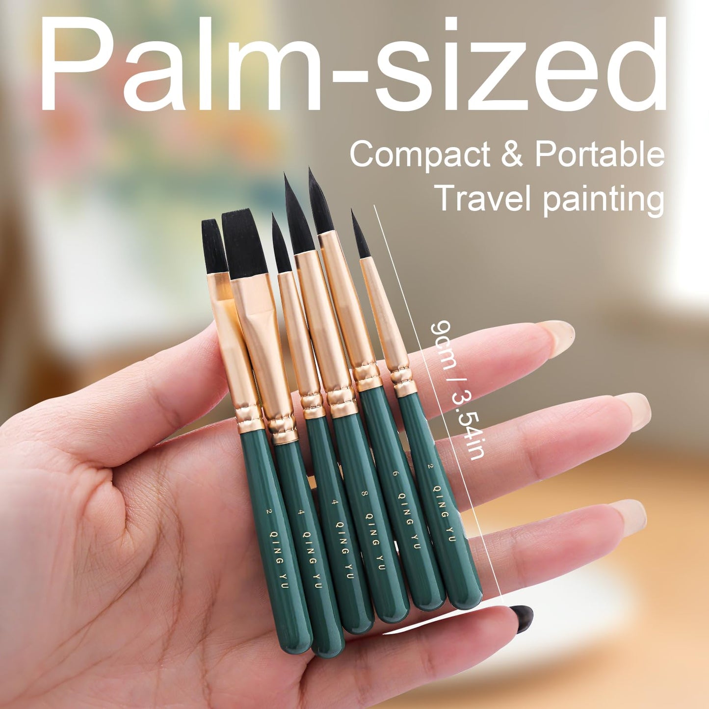 6-piece Mini Travel Watercolor Brush Set, Paint Brush Including Flat and Round Brushes Suitable for Watercolour, Oil or Acrylic Painting (Green)