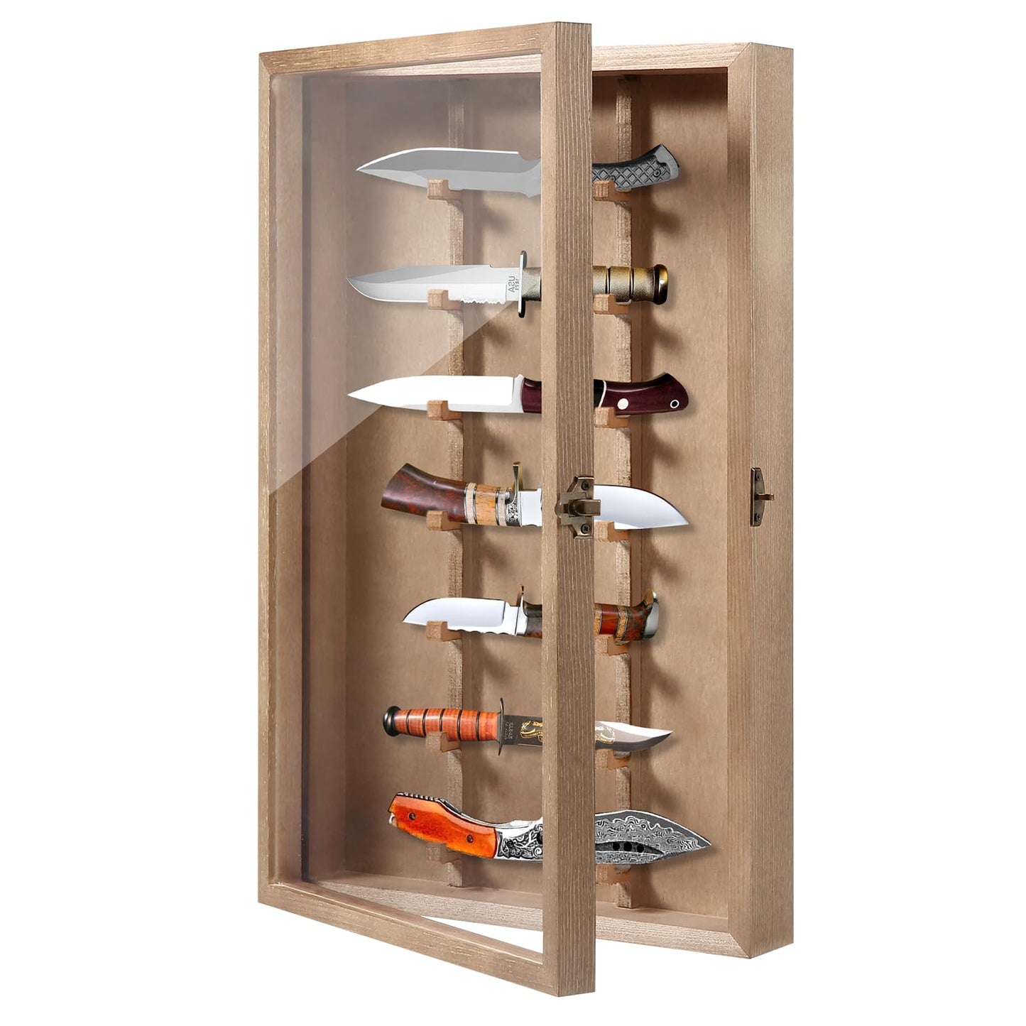 Triceratops Knife Display Case with Lockable Clear Acrylic Door, Wall Mount Wooden Knife Display Stand, Pocket Knife Display Cases for Storage, Collection, Holds up to 7 Knifes(Brown)