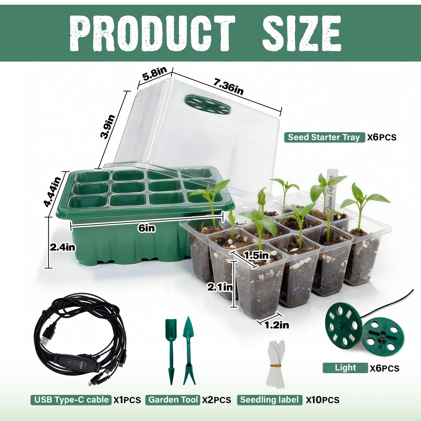 Bhyhok 6 Pack Seed Starter Kit with Grow Light 72 Cells Plant Starter Trays with 3.9 Inch Adjustable Humidity Dome Reusable Indoor Plant Germination Tray for Gardening