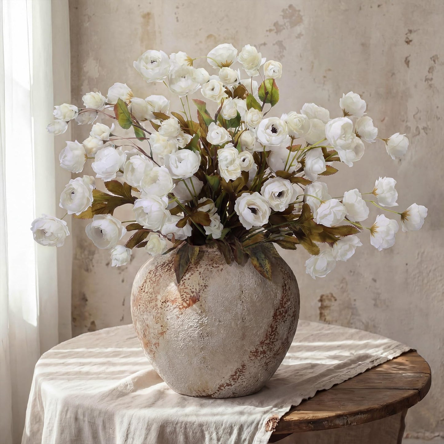Wavyknot 8 Pcs Artificial Peony Flowers Stems, Faux Peony Bouquet with Hop Branches, Silk Flowers for Vase Spring Wedding Table Centerpiece Farmhouse Home Decor(Cream White)