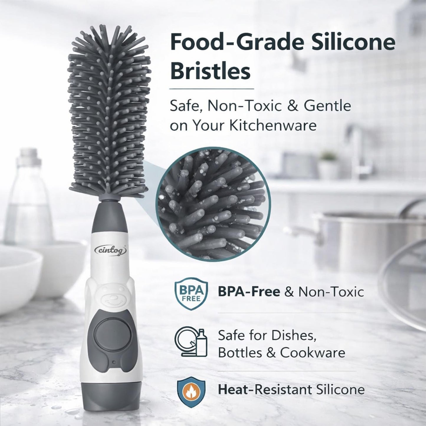 Soap Dispensing Brush Cleaner for Kitchen, Glassware, Mugs, and Plates, BPA Free Silicone Bristles, Portable Comprehensive Multi-Purpose Cleaning