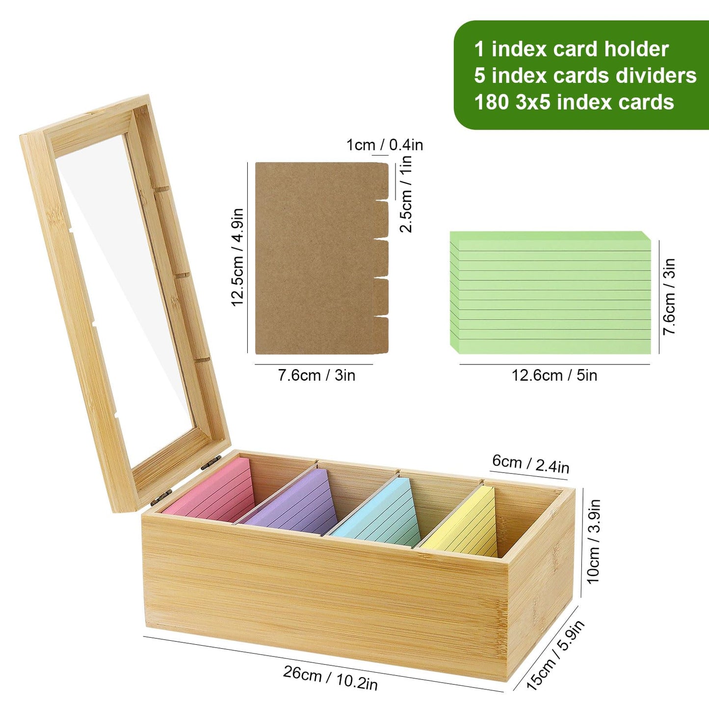 MultiBey Bamboo Index Card Box Organizer, 3x5 Inch with 300 Lined Cards & 3 Acrylic Dividers, Index Cards Storage Kit - Wood Recipe Box With Lid for Home & Office Study