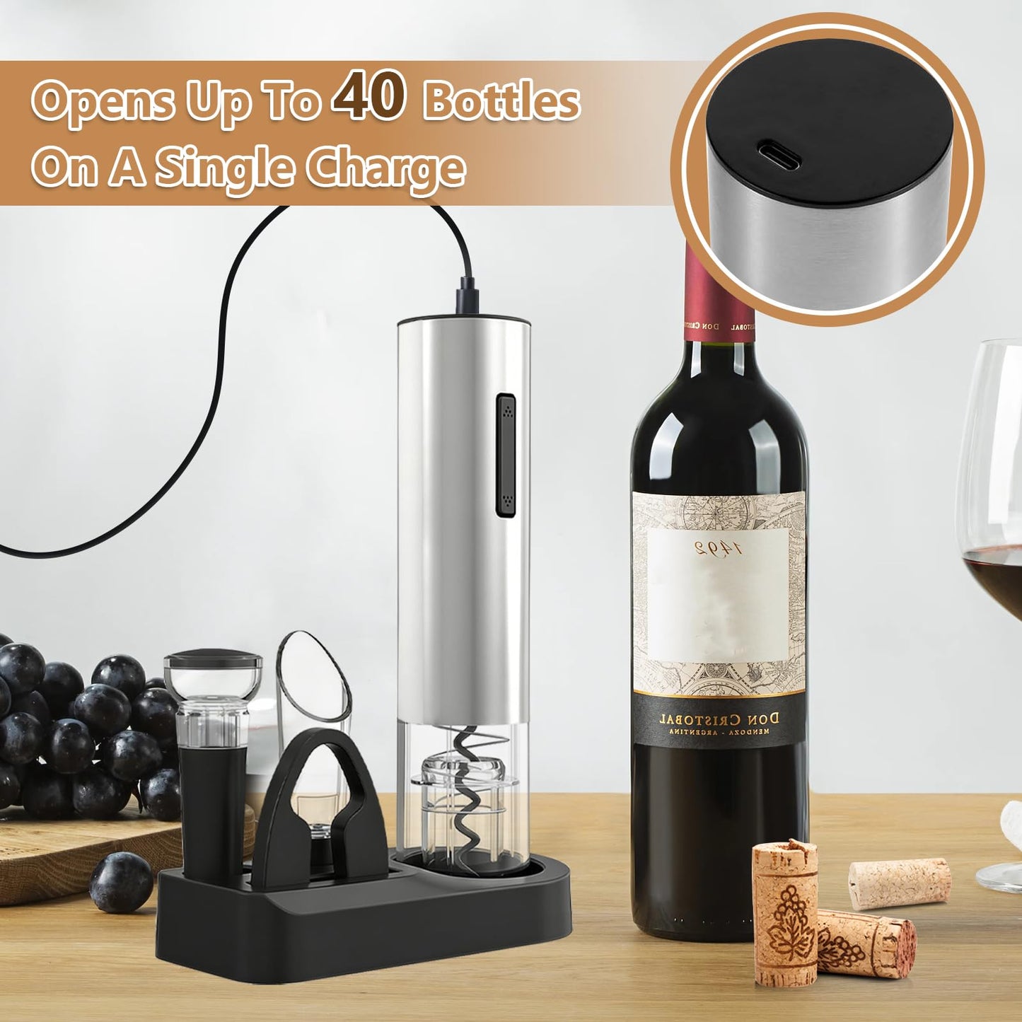 Electric Wine Opener - 5 Piece Set with Storage Base,Foil Cutter,Aerating Pourer & Vacuum Stoppers | USB-C Rechargeable | 40+ Opens Per Charge | Wine Opener Gift for Wine Lovers