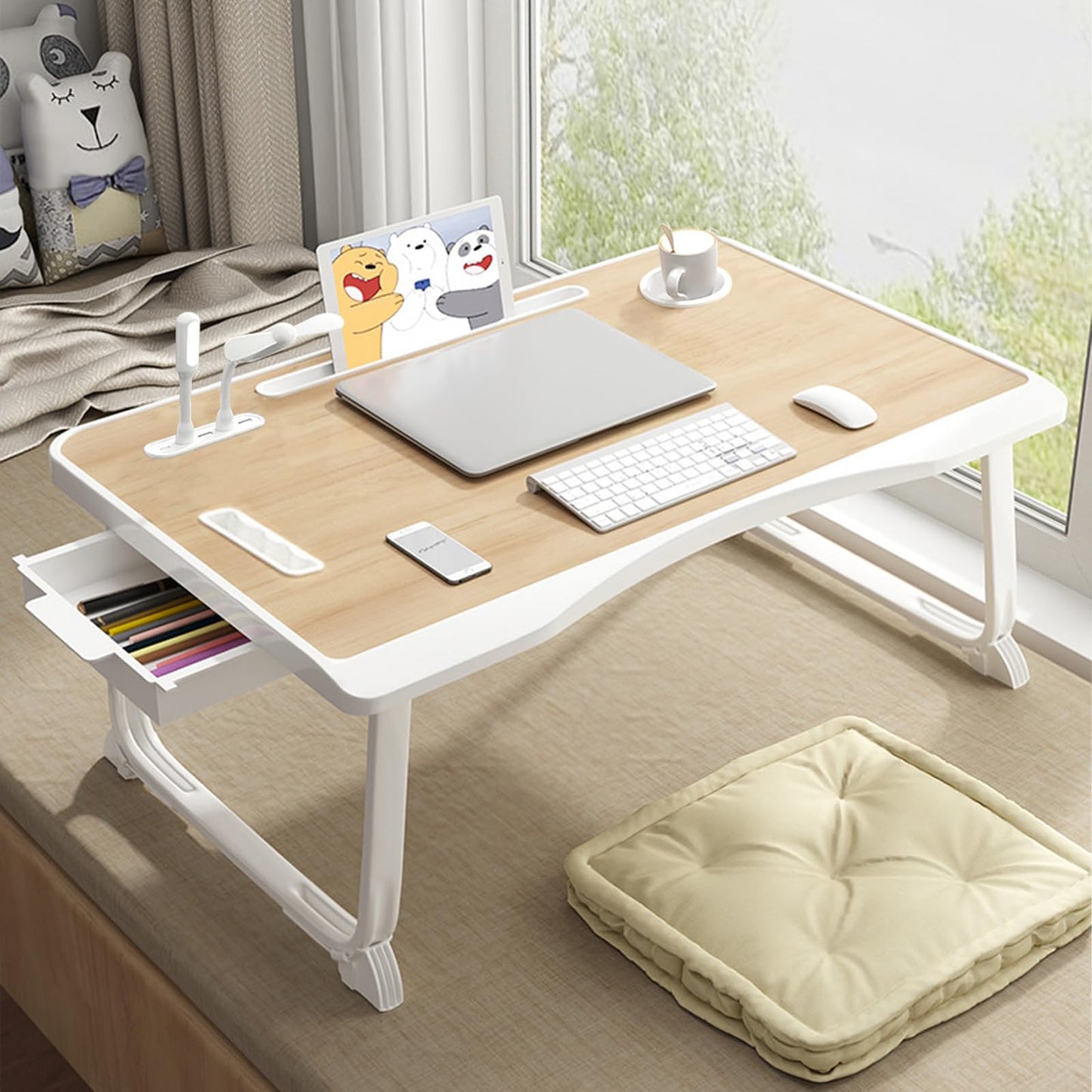 Foldable Laptop Bed Desk with USB Port, Storage Drawer & Cup Holder - Large 23 Inch Portable Lap Tray for Working, Reading, and Writing in Bed