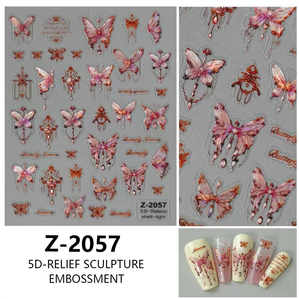 Butterfly Nail Art Stickers Decals Shell Light Butterfly Nail Decals 1PCS 5D Embossed Nail Stickers Bronzing Pink Design Spring Summer Manicure Accessories for Women DIY Nail Art Decorations