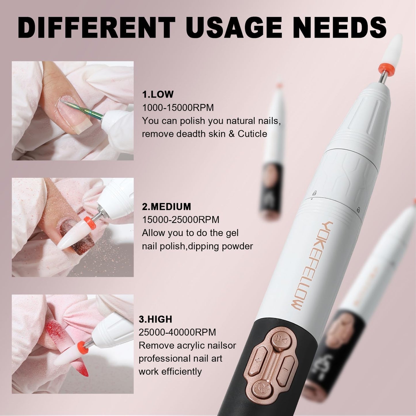 YOKE FELLOW Electric Nail Drill - 40000 RPM Protable Electric Nail File for Acrylic Cordless Nail Drill Professional with 17 Drill Bits for Nail Salon(YK-111Pro)