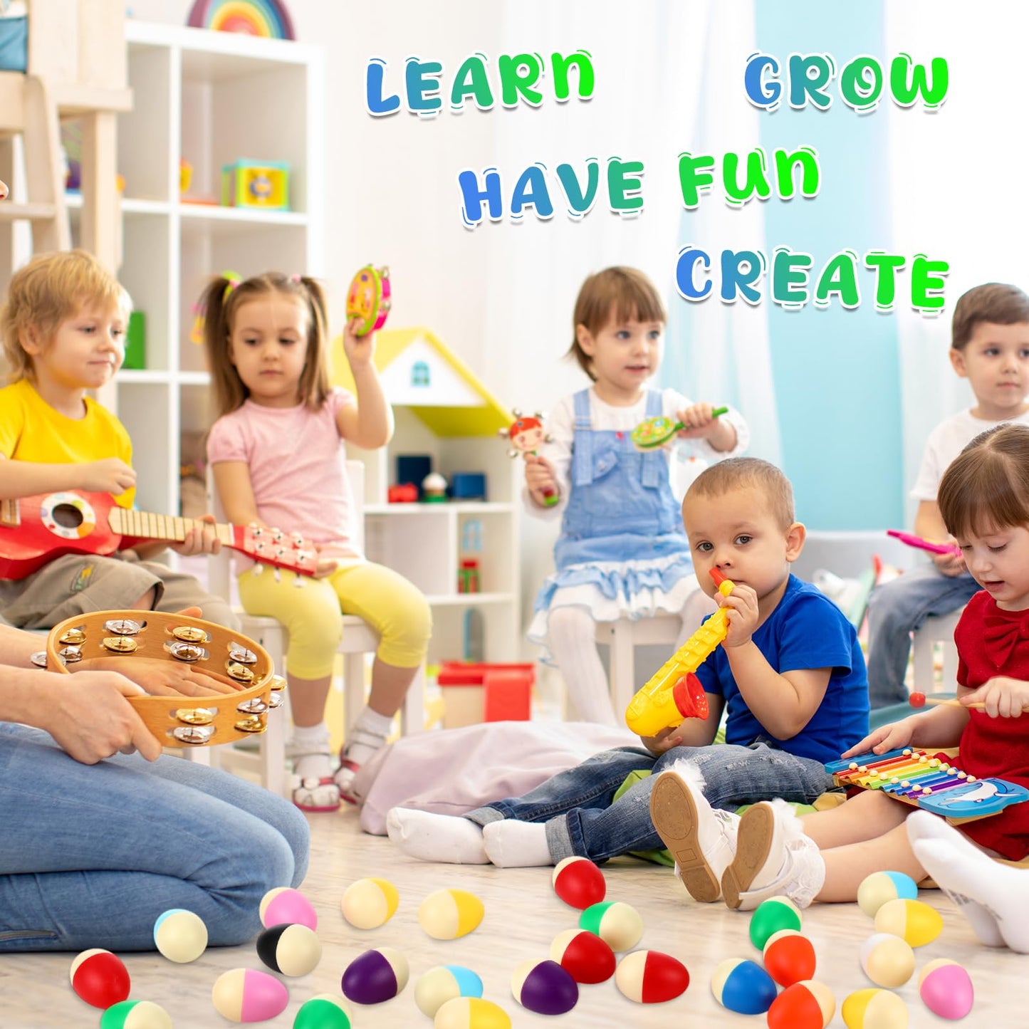 Yeshone 100 Pieces Egg Shakers Bulk Musical Instruments Percussion Maracas Egg for Kids Toys Plastic Shaker for Learning DIY Painting, Classroom Music, Rhythm(Splicing Color)
