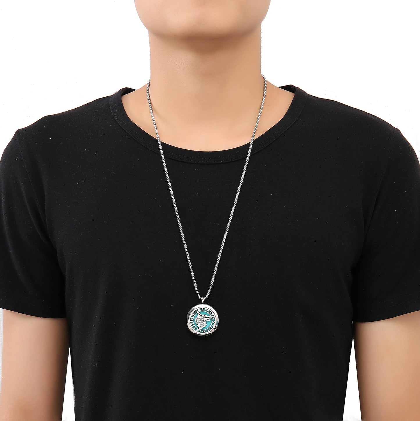 UTHOSMDO Viking Handsome Nordic Necklace with Runic Wolf Aromatherapy Essential Oil Diffuser Viking Jewelry Gift Stainless Steel Locket Pendant Necklace