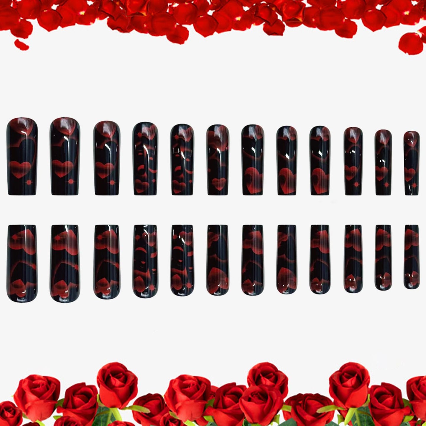 Black Heart Press on Nails Square Shaped Artificial Acrylic Fake Nails Red Love with Mask Design Full Cover Glossy Long Valentines Glue on Nail Artificial Fingernails for Women Festival Manicure 24Pcs