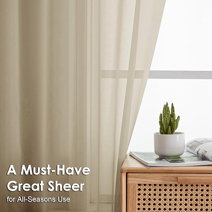 OVZME Taupe Sheer Curtains 72 Inches Long 2 Panels - Soft Light Filtering Window Sheer Panels for Living Room/Bedroom, Top Dual Rod Pocket, 1 Pair, Each 42Wx72L Inches