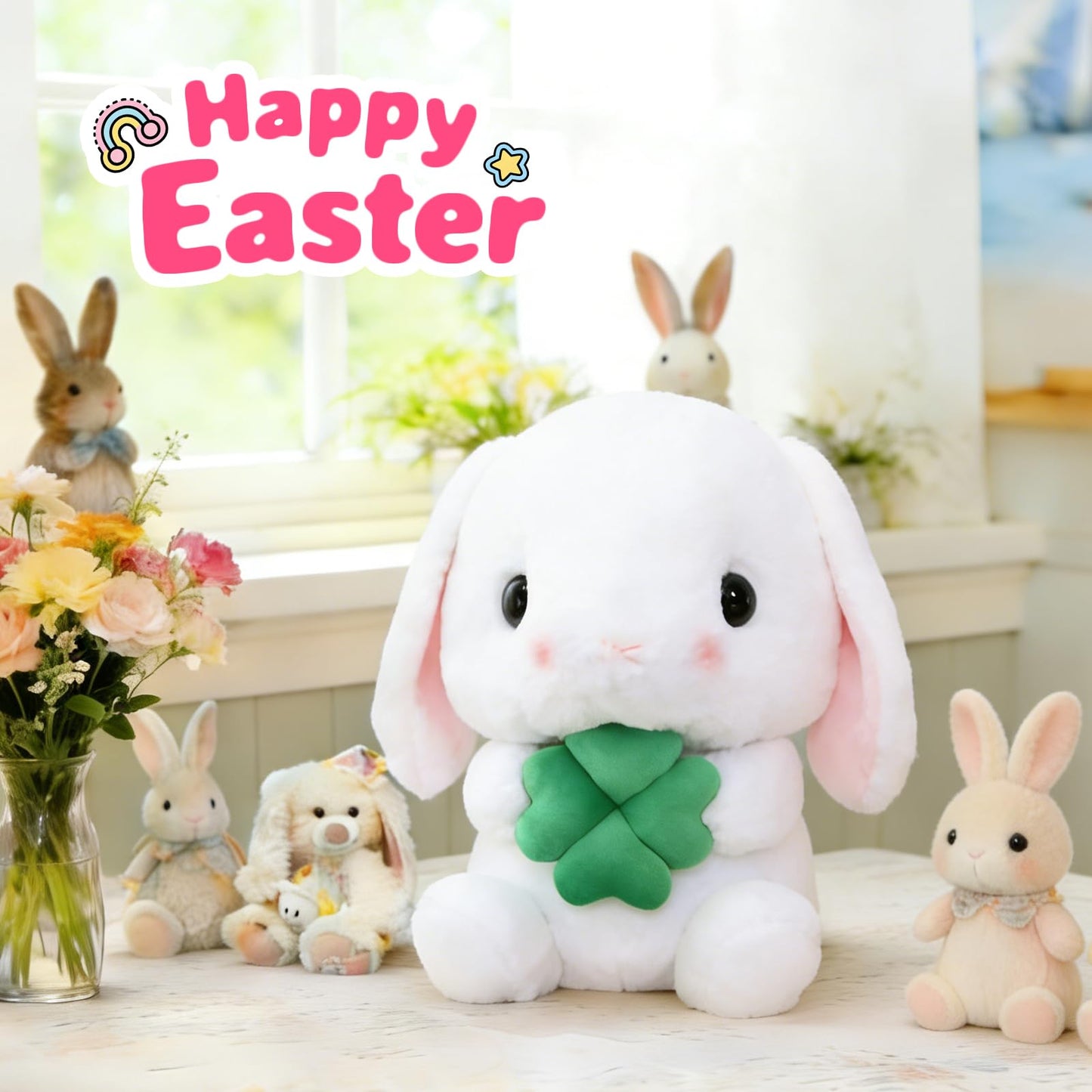 HOUPU Soft Toy - Sitting Lop Eared Rabbit, Easter White Rabbit Stuffed Bunny Animal with Carrot Soft Lovely Realistic Long-Eared Standing Pink Plush Toys (White-Four Leaf,16.9in/43cm)