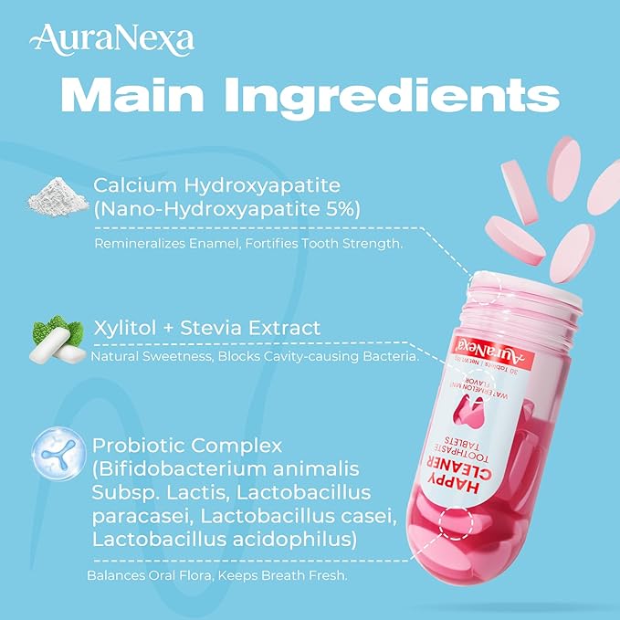 Happy Cleaner Toothpaste Tablets – Watermelon Mint Flavor, Fluoride-Free Chewable Toothpaste, Nano Hydroxyapatite, Travel-Friendly & Eco-Conscious, 30 Tablets