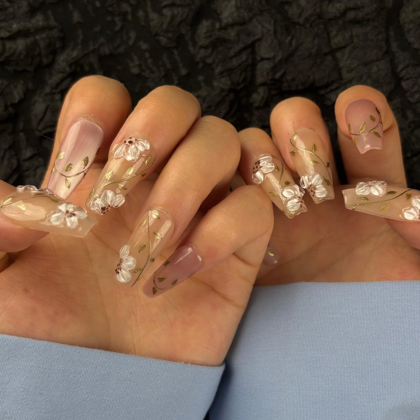 AKA Unicorn Trendy Handmade Press On Nails Medium Coffin Shape,10Pcs Hand Painted Acrylic Fake Nails with 3D Flower Charm Design Clip On Nail for Woman Gift